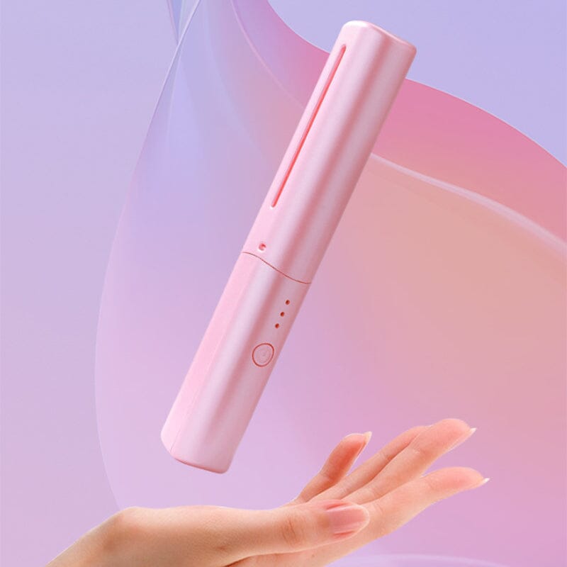 Mini portable hair straightening comb, USB rechargeable for effortless sleek hair. Essential beauty haircare.