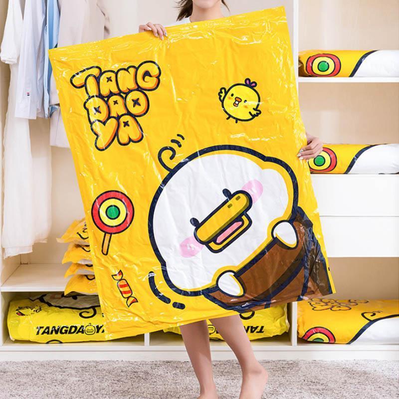 Vacuum seal storage bags for space saving in closets and travel, showing clothes compressed