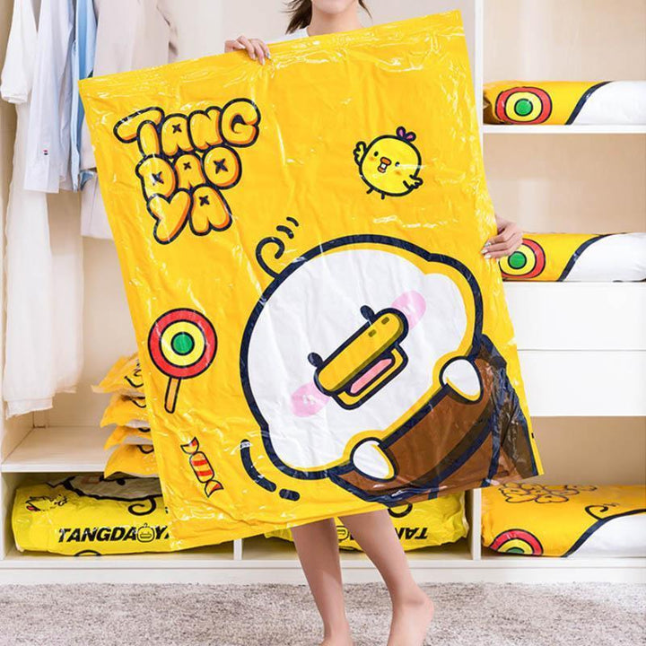 Vacuum seal storage bags for space saving in closets and travel, showing clothes compressed