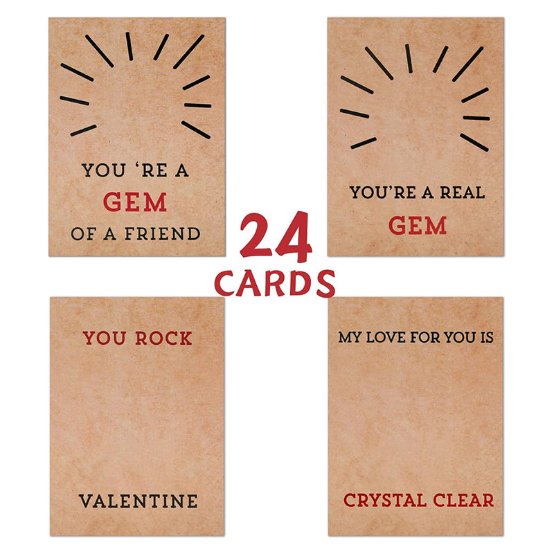 Assortment of Valentine's Day cards decorated with various colored heart crystals, 24 pack.