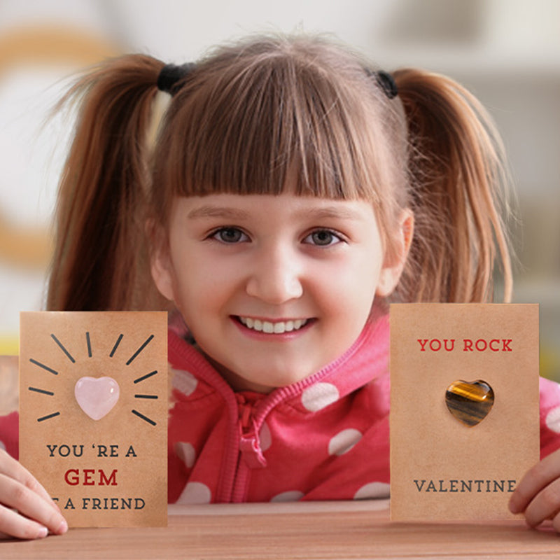 Pack of 24 Valentine's cards featuring heart-shape crystals, designed for children & parties.