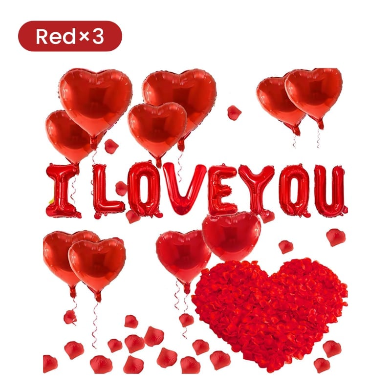 Romantic balloon decor featuring 'I Love You' message and red heart balloons