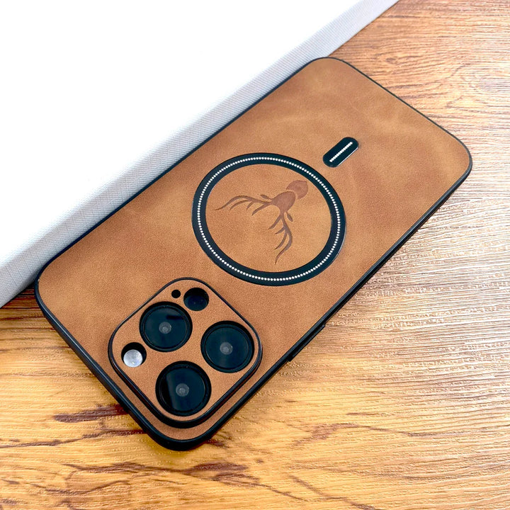 Back view of a vegan leather MagSafe iPhone case, highlighting the MagSafe ring and deer emblem