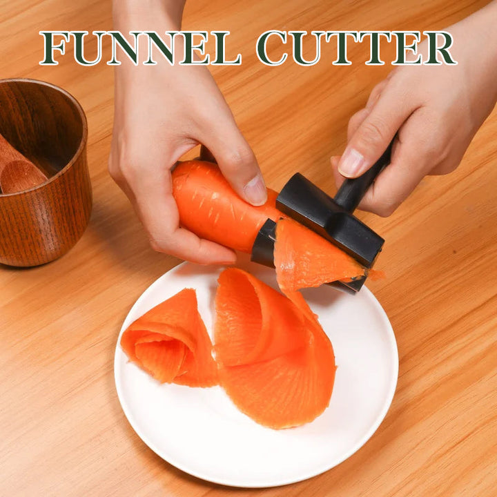Kitchen gadget for slicing vegetables into elegant flower shapes & long spirals, perfect for garnishes.