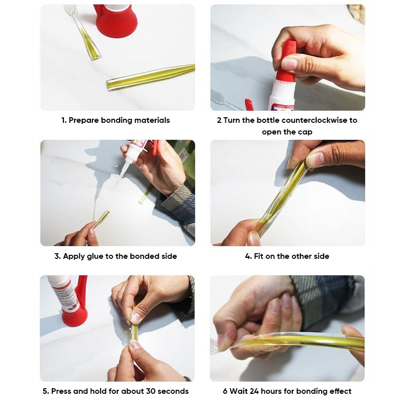 Hand applying fast-drying multimaterial repair glue to a broken ceramic vase, strong bond