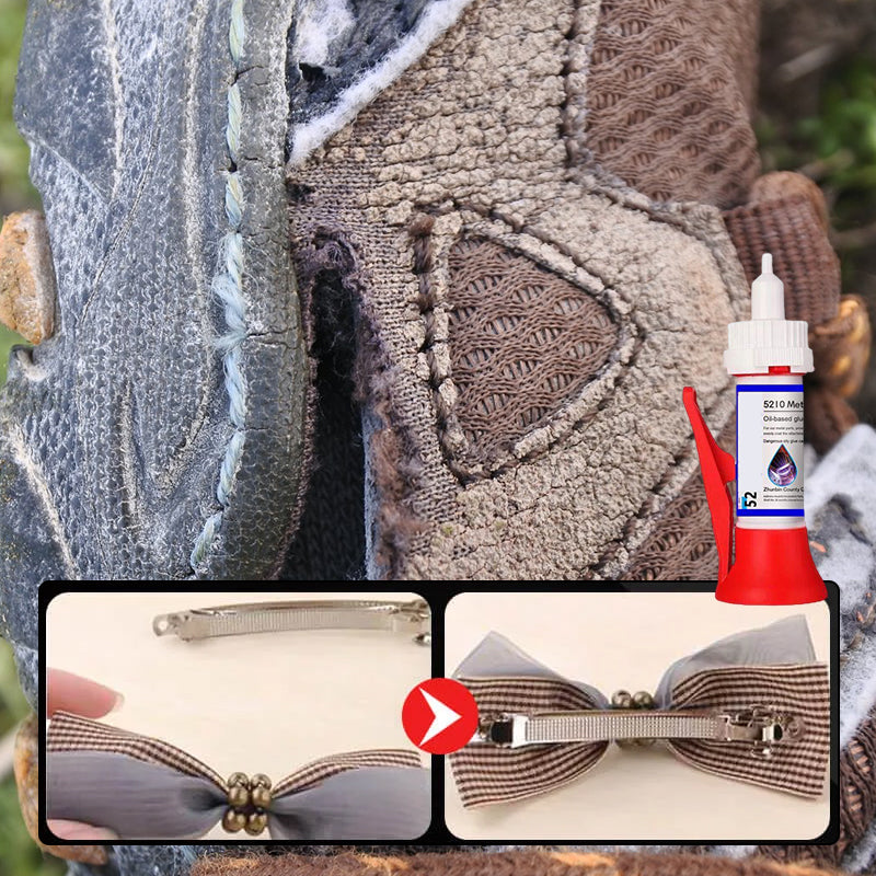 Instant adhesive glue shown repairing a metal fixture, offering a powerful and lasting hold