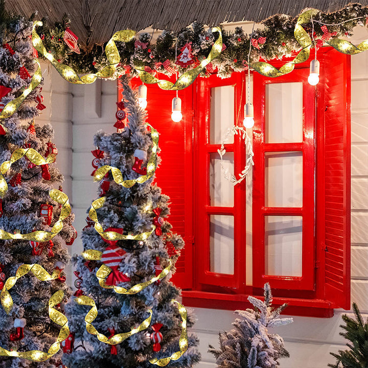 Ribbon LED string lights draped over a mantelpiece, elegant and festive home decor