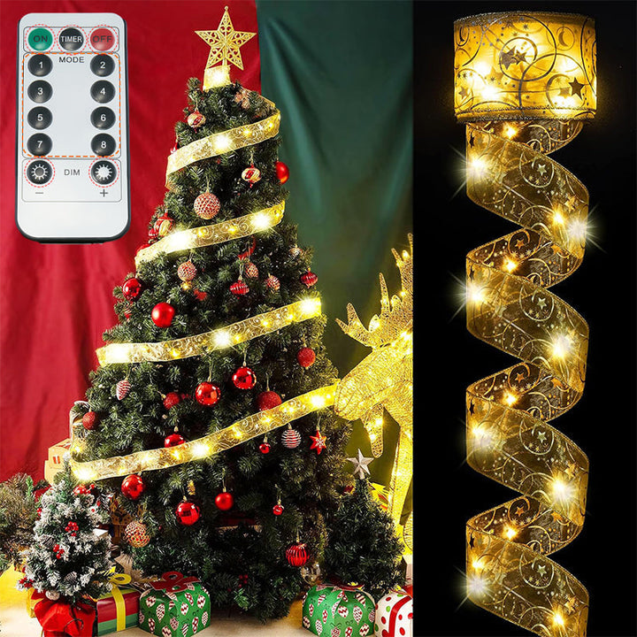 Ribbon LED lights enhancing a holiday wreath, adding a festive glow to home decor