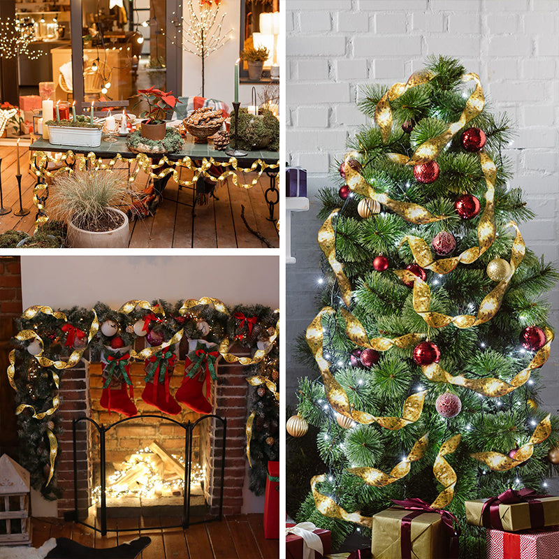 Twinkling Ribbon LED Christmas lights, integrated into a garland, charming holiday display