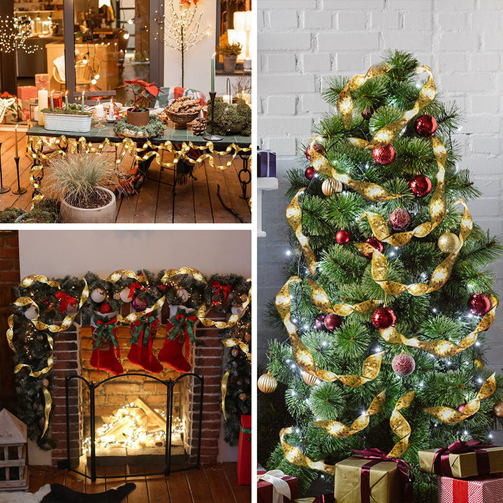 Twinkling Ribbon LED Christmas lights, integrated into a garland, charming holiday display