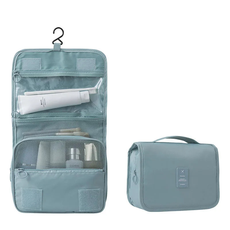Closed travel toiletry bag, compact and ready to pack for your next trip. Ideal personal care organizer.