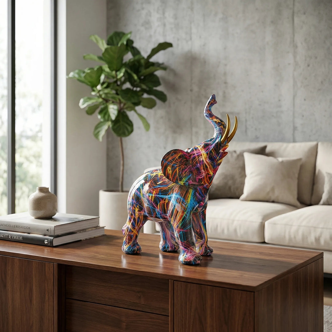 Vibrant abstract elephant tabletop sculpture. Colorful modern art elephant decor, perfect for shelves or desks. Eclectic home accent.