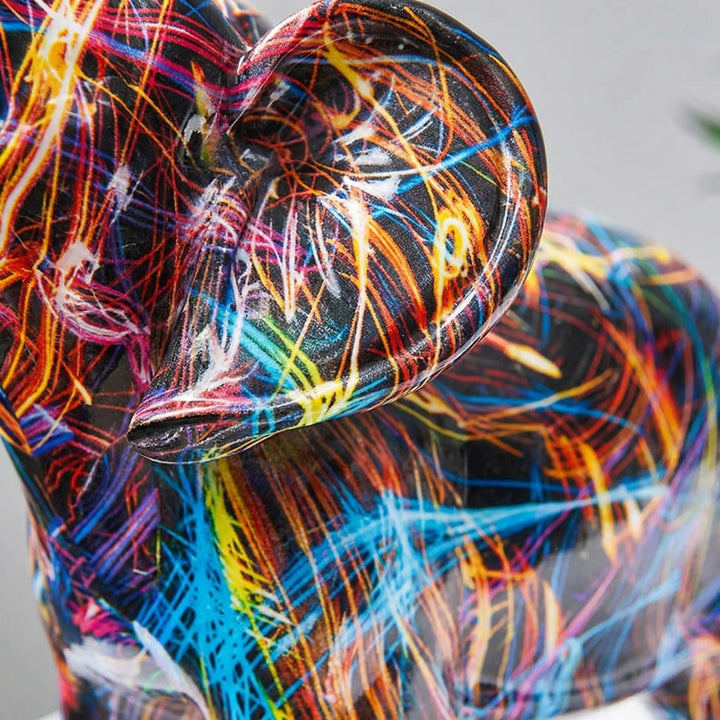 Unique vibrant abstract elephant art sculpture. Colorful tabletop elephant decor, a modern eclectic accent for shelves.