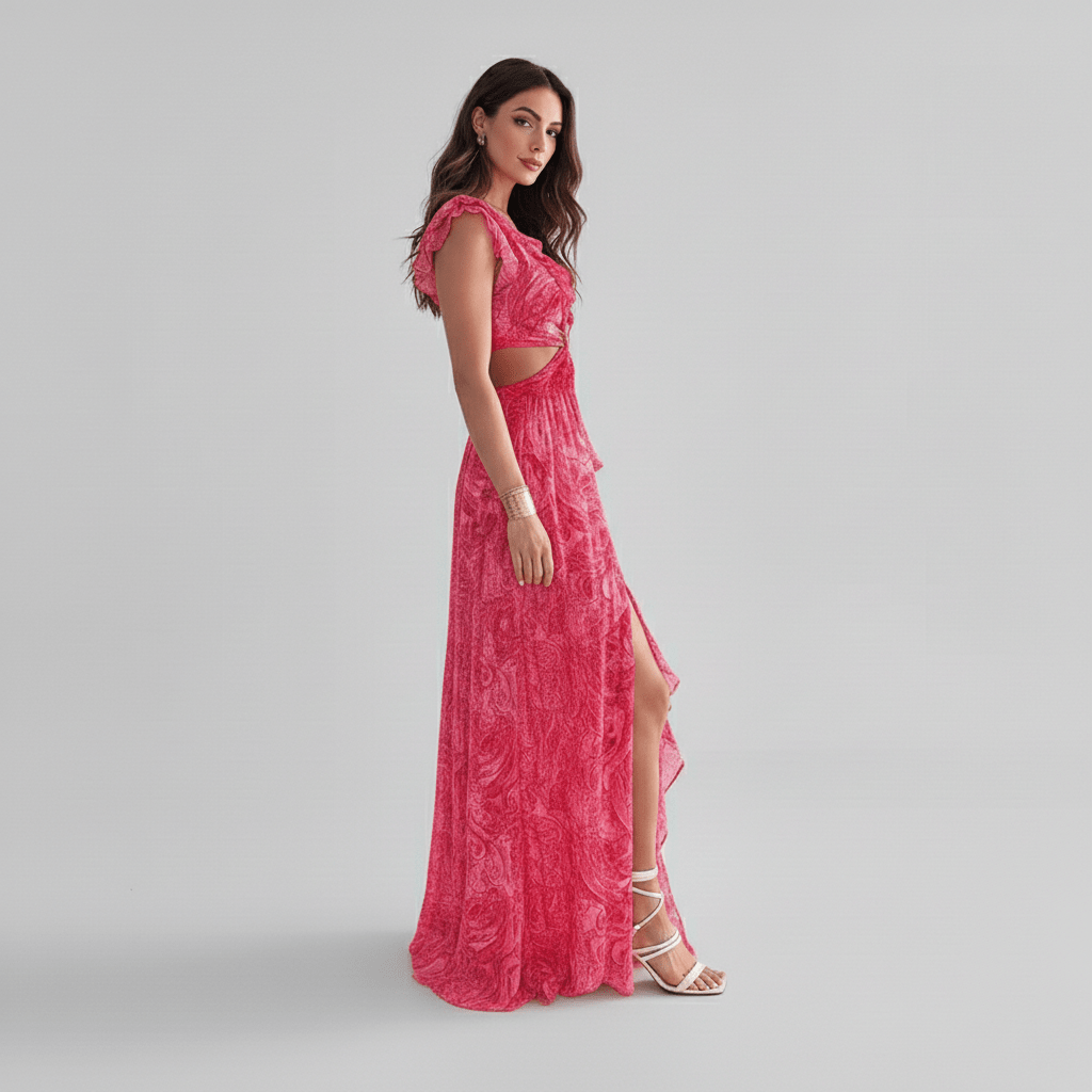 Elegant women's abstract print cut-out maxi dress, ideal for wedding guests, summer parties & special occasions.