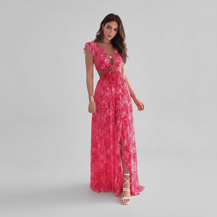 Flowy abstract print maxi dress with stylish cut-out detail & ruffle sleeves, a vibrant choice for women's special occasions.