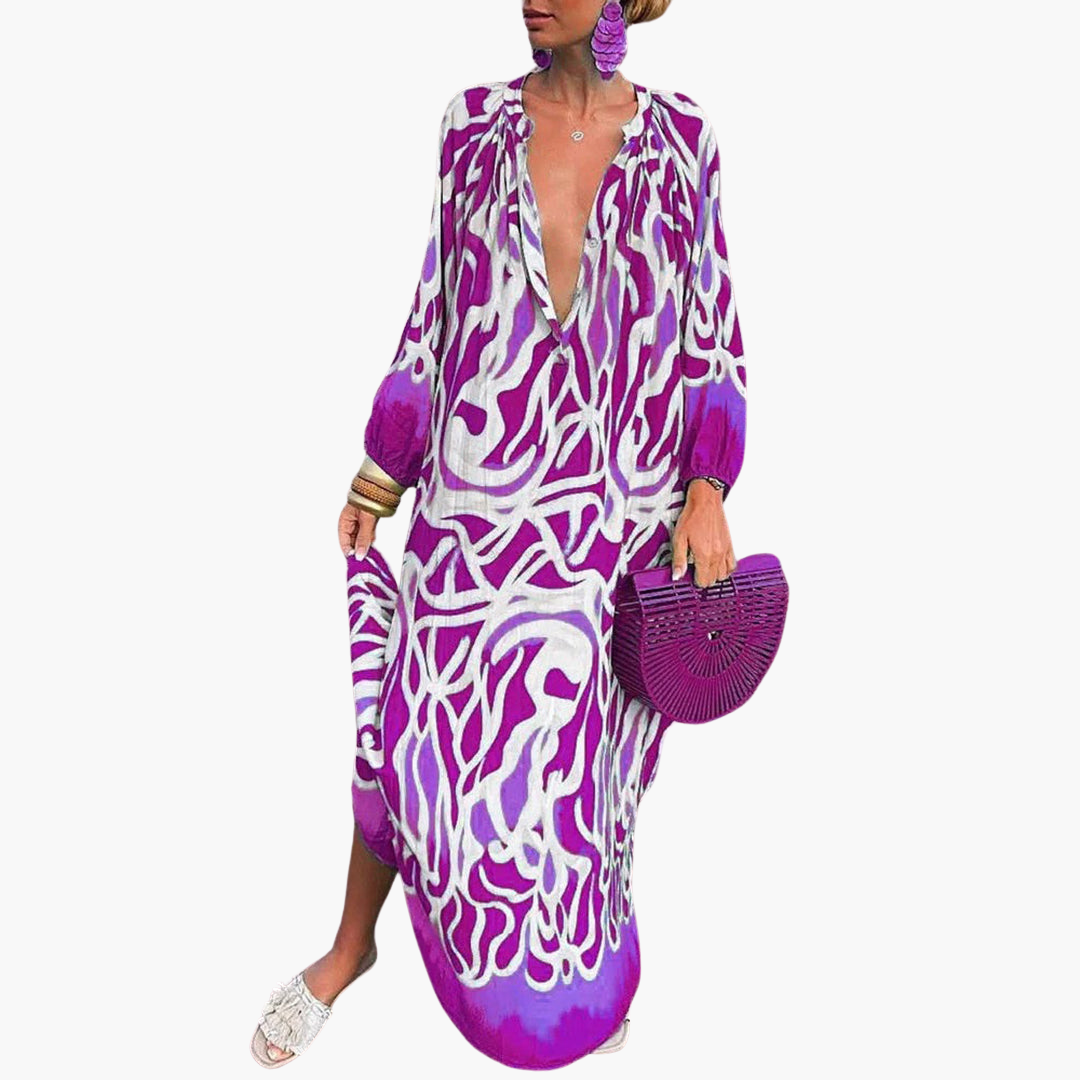 Oversized long sleeve abstract print V-neck maxi dress for women, stylish & comfortable summer resort wear.