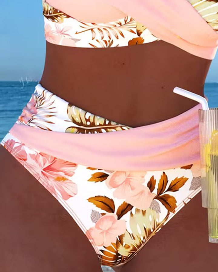 Stylish women's floral print split swimsuit, great for beach, pool, and summer fashion.