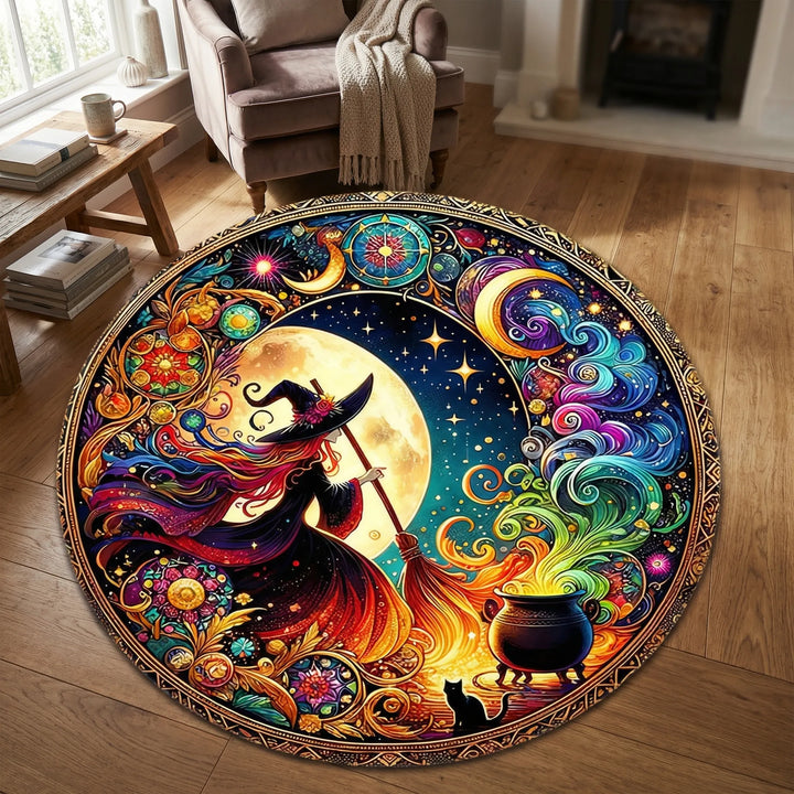 Statement Flowique round area rug, vibrant hexagon design with colorful waves. Plush & modern home decor for any room.