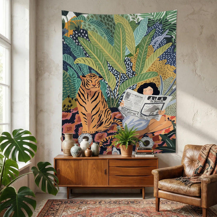 Vibrant illustrated wall tapestry featuring a majestic tiger amidst lush nature & waves, perfect for boho bedroom decor.