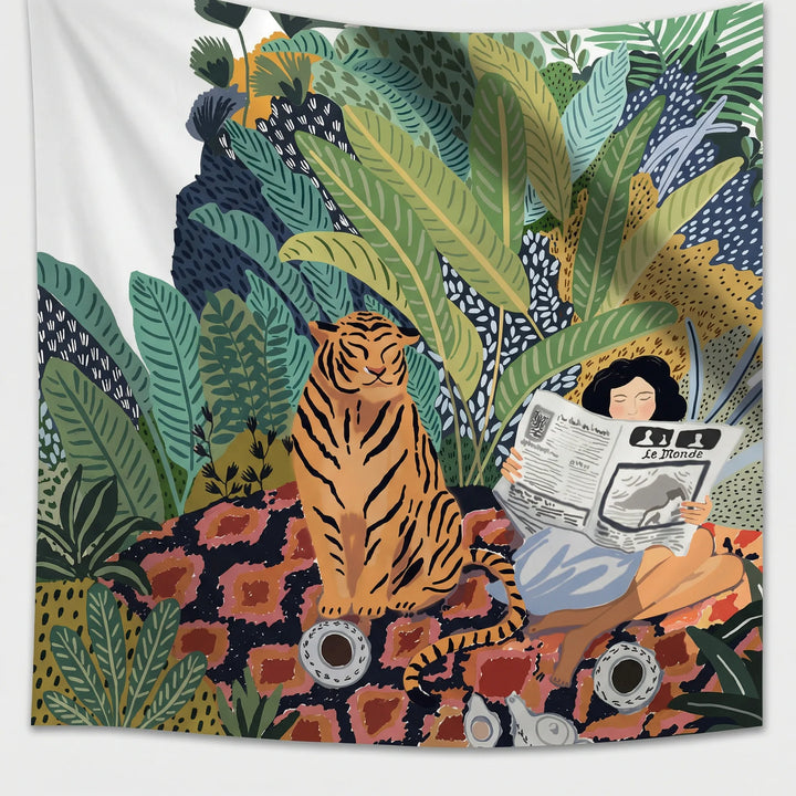 Modern graphic art wall tapestry with flowing waves & a captivating tiger illustration, ideal for living room statement decor.