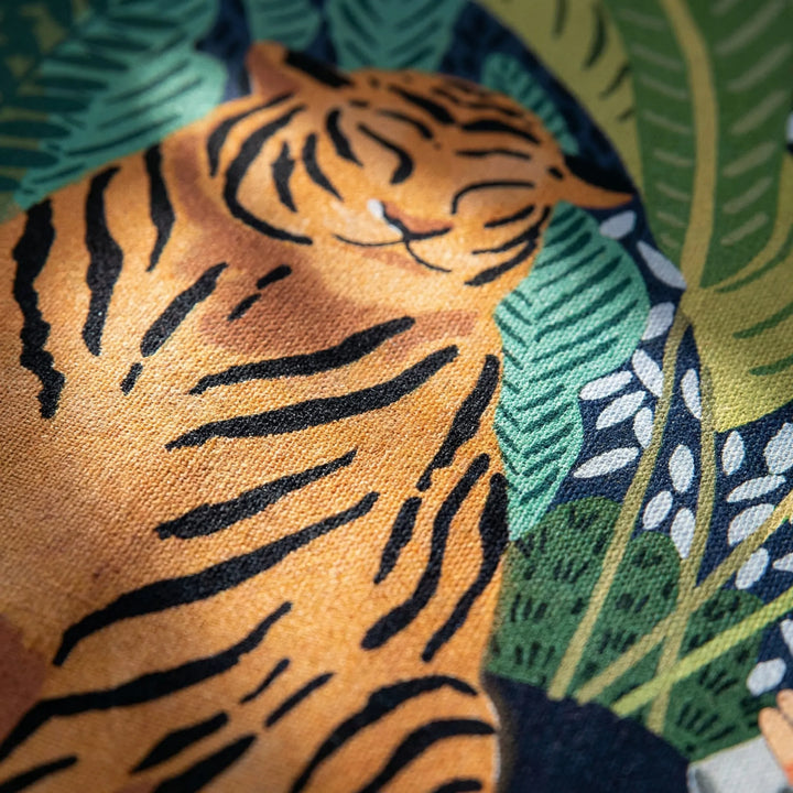 Boho chic illustrated wall tapestry for bedroom or living room, showcasing vibrant tiger art & nature-inspired wave print.
