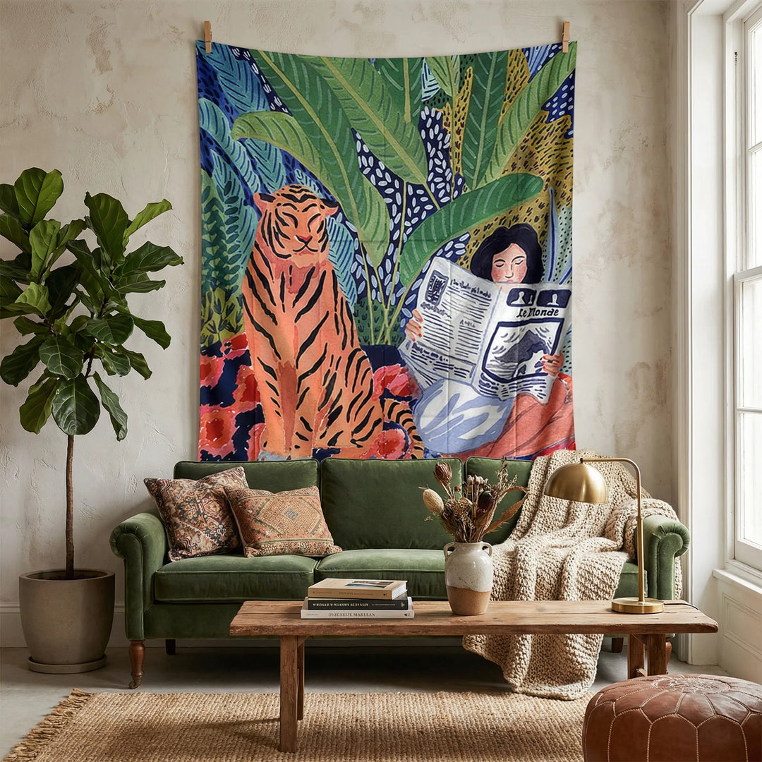 Decorative illustrated wall tapestry with intricate tiger art & wave design, a modern home decor piece for living room or bedroom.