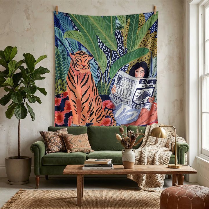 Decorative illustrated wall tapestry with intricate tiger art & wave design, a modern home decor piece for living room or bedroom.