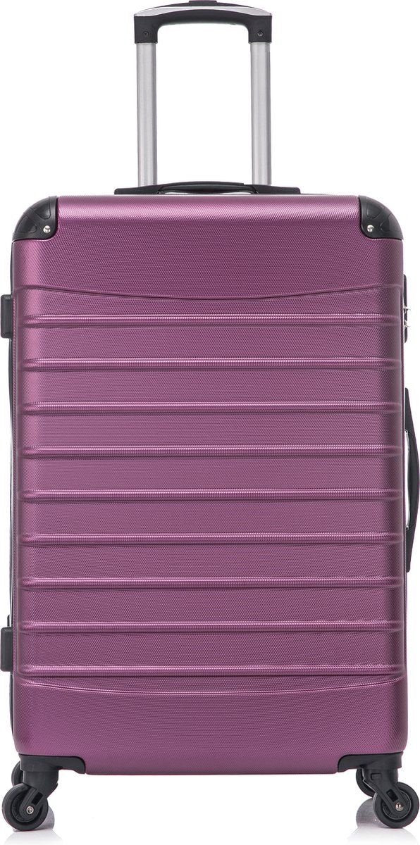 Two purple hardside spinner suitcases: a carry-on and a larger checked luggage for trips.