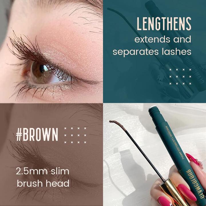 Turquoise colored skinny mascara creating a bold eye makeup look, long-lasting and waterproof