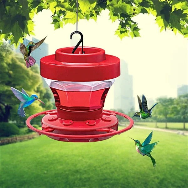 Vibrant red bee-proof hummingbird feeder with comfortable perches, ideal for garden birdwatching.