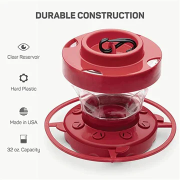 Compact hanging red hummingbird feeder featuring a built-in ant guard & perches, a garden essential.