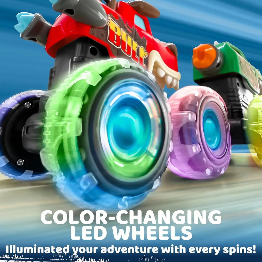 Durable RoarRoller monster trucks with light-up wheels, ideal toddler toys for press and go fun.
