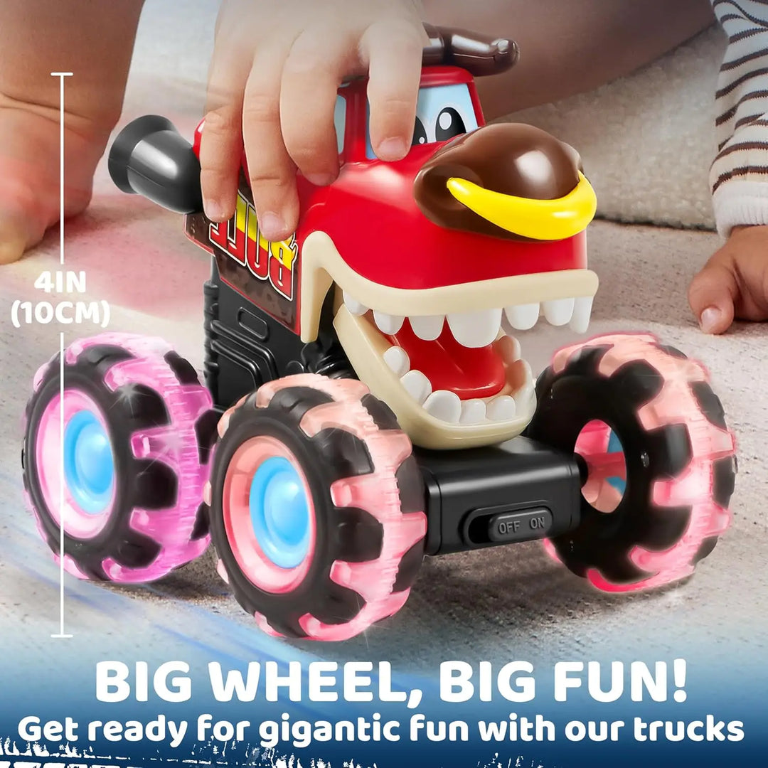 Kids playing with RoarRoller light-up press and go toy trucks, enjoying active and interactive play.