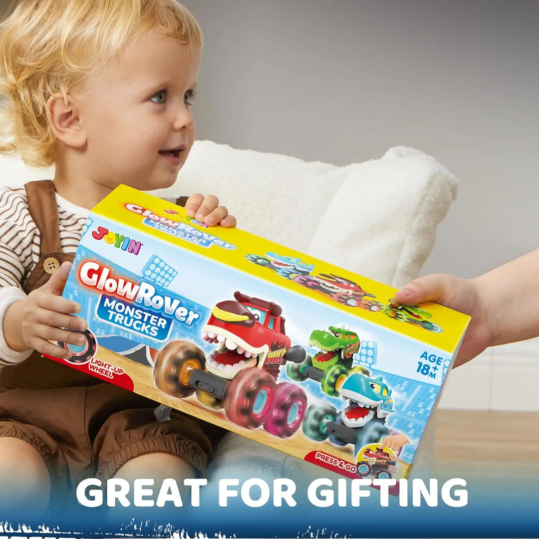 RoarRoller light-up toy trucks; vibrant, durable monster trucks designed for fun press and go action for kids.