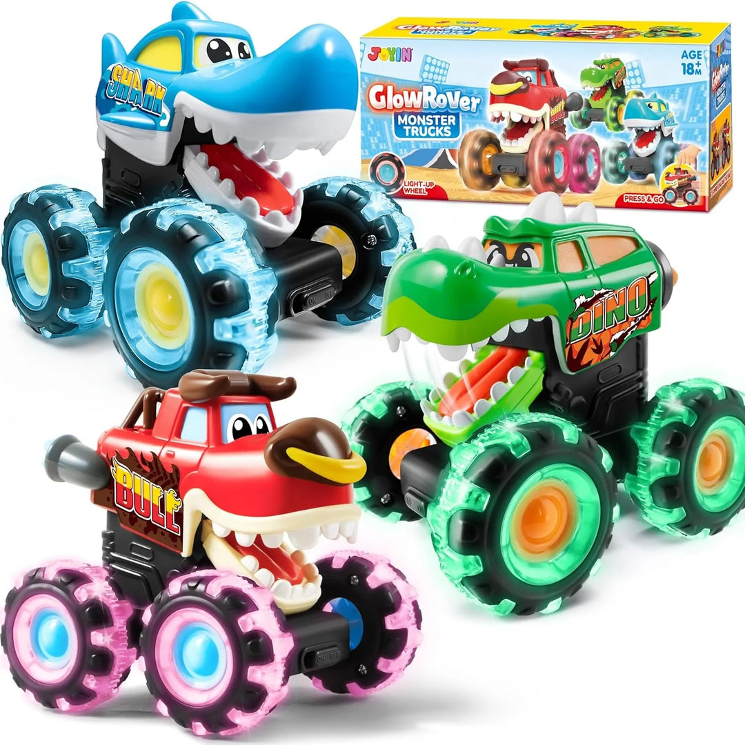 Engaging RoarRoller toddler toys: Press and Go light-up toy trucks providing hours of interactive fun.