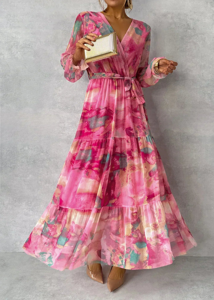 Vibrant rose red floral wrap maxi dress for women, elegant v-neck & ruffle sleeves, perfect for parties & weddings.