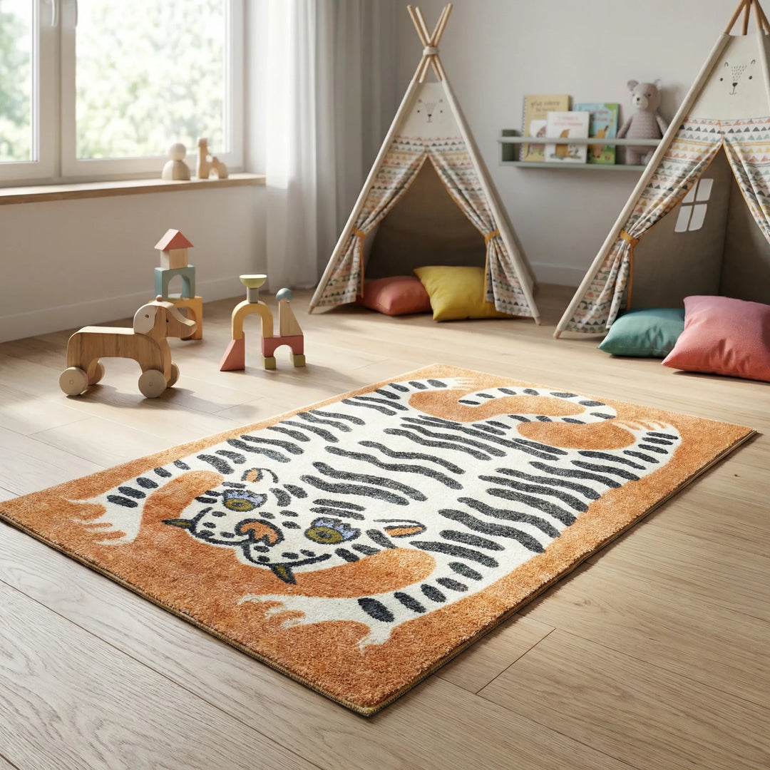 Vibrant tiger print area rug with wave design, perfect for modern living room decor.