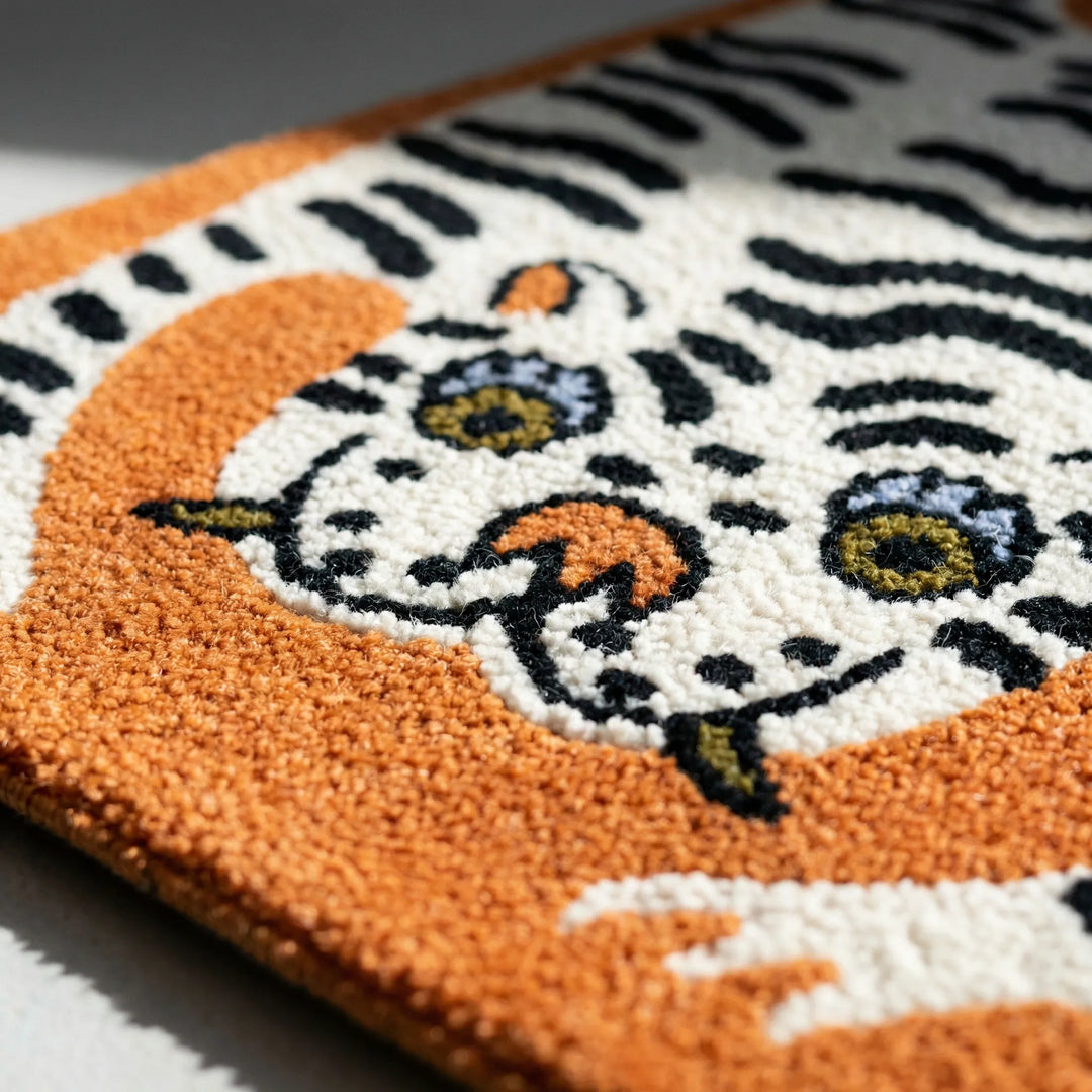 Modern tiger print area rug, a bold statement piece for any home. Low pile and decorative.