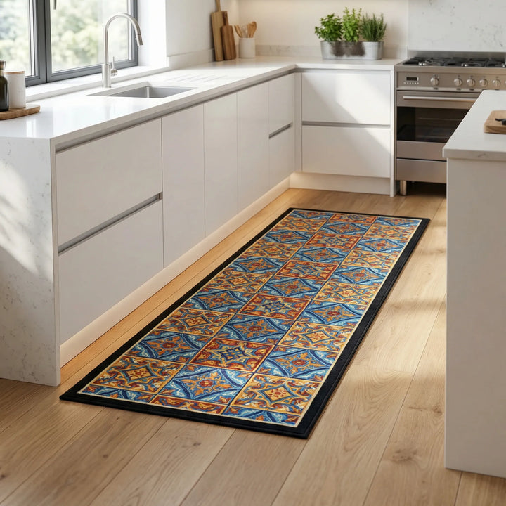 Vibrant tile pattern kitchen runner rug with cushioned anti-slip backing for comfort & safety.