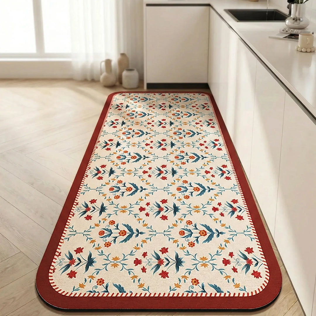 Modern vibrant tile kitchen floor runner, anti-slip & cushioned for safety and style.