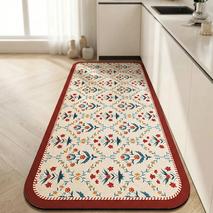Modern vibrant tile kitchen floor runner, anti-slip & cushioned for safety and style.