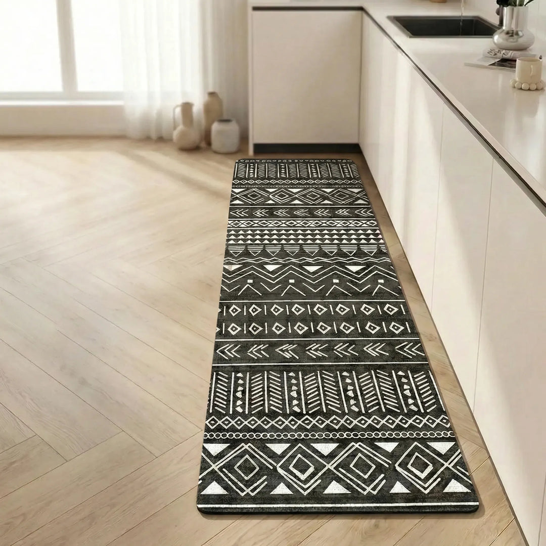 Elegant Tilefloora long kitchen rug with cushioned support and a striking tile pattern.