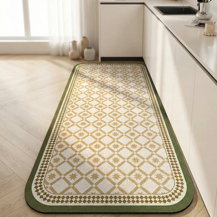 Anti-slip kitchen runner with a vibrant tile design, cushioned for standing comfort.