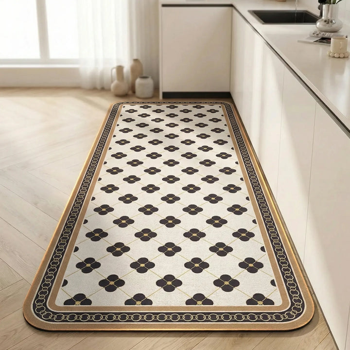 Easy-care cushioned kitchen mat, long runner style, features a beautiful tile pattern.
