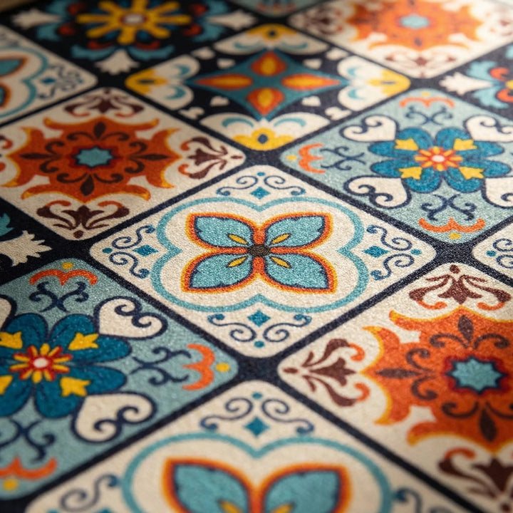 Decorative kitchen floor covering featuring a vibrant tile pattern, anti-slip & soft.