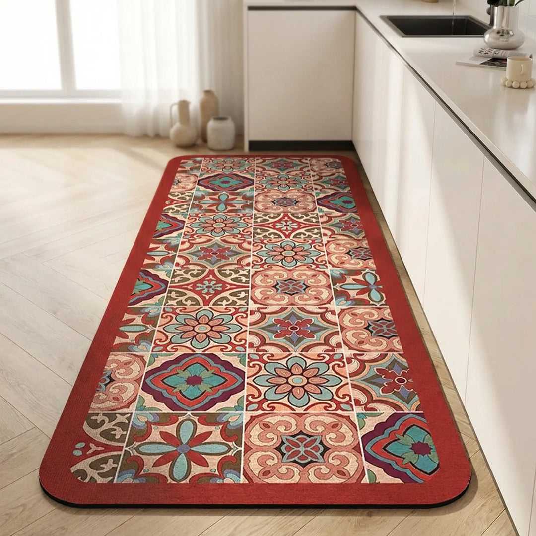 Cushioned anti-fatigue kitchen mat, vibrant tile design, perfect long runner for cooking.