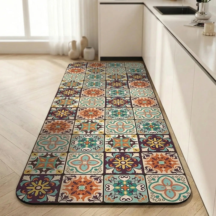 Non-slip kitchen runner rug, Tilefloora vibrant tile pattern, enhances kitchen decor.