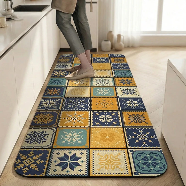 Durable cushioned kitchen mat with a vibrant tile design, ideal long runner for active kitchens.