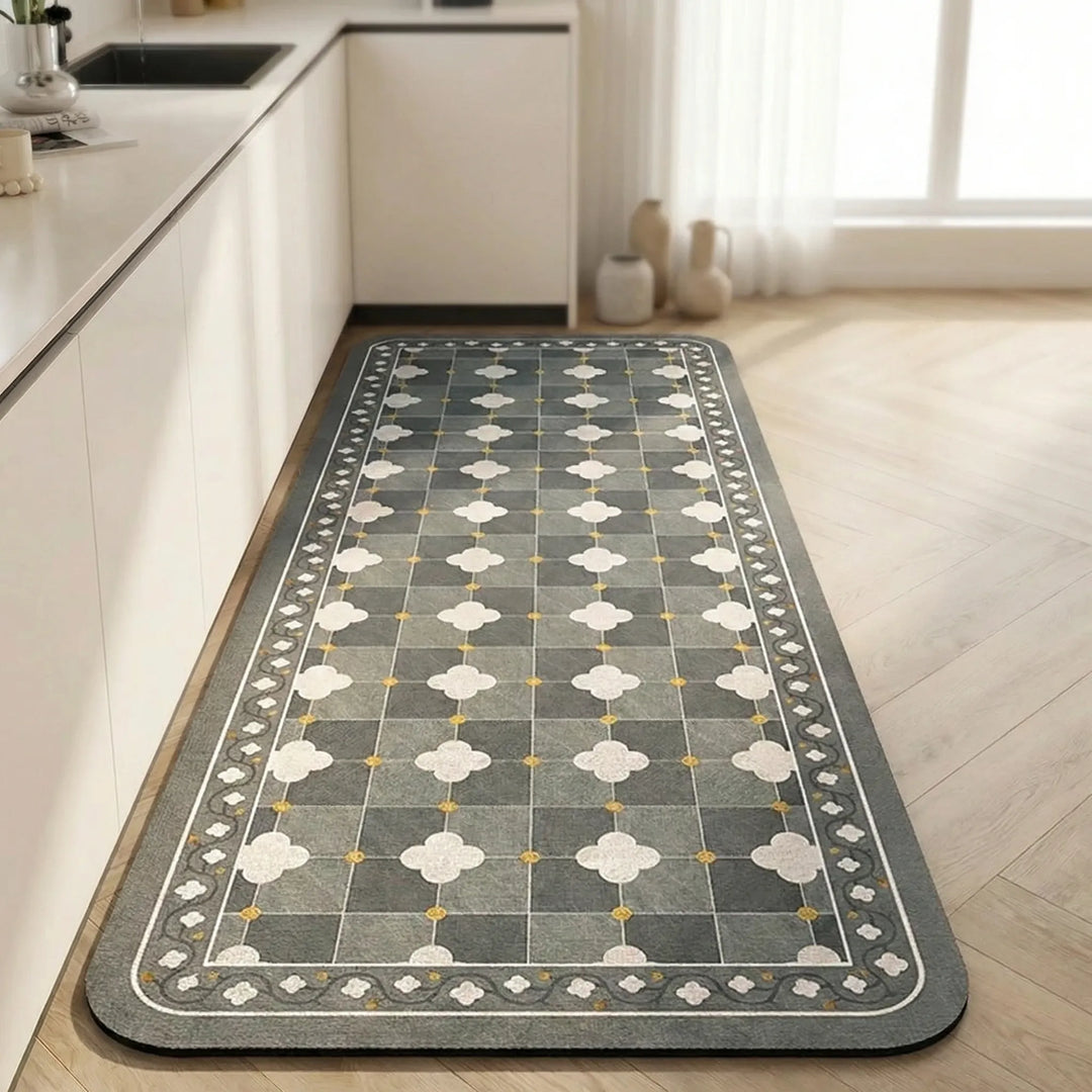Stylish long kitchen mat, Tilefloora vibrant tile design, anti-slip & easy to clean.