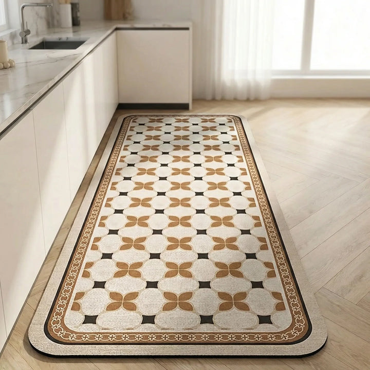 Comfortable cushioned kitchen runner rug, non-slip backing, colorful tile pattern decor.